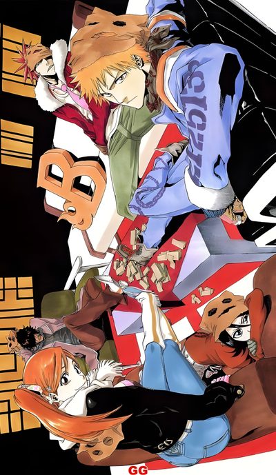 an anime character surrounded by other characters Bleach Halloween Bleach Jet Artbook, Bleach Volume Covers, Bleach Team, Bleach Splash Art, sienna