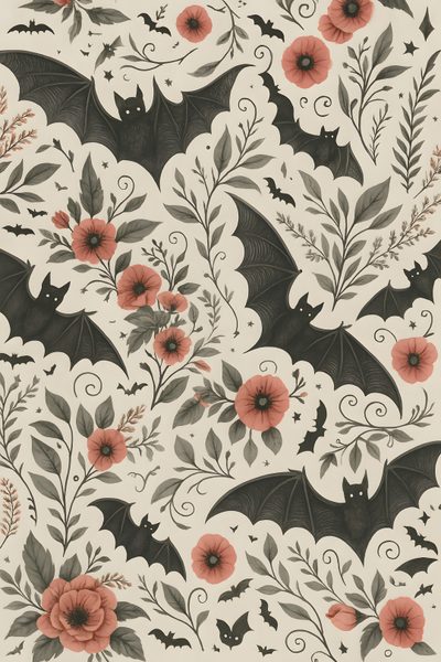 a bat and flowers wallpaper pattern on a white background with black leaves and red flowers Bats Halloween Cute Home Screen, Design Textile, Witchy, Halloween Iphone, Pretty Backgrounds, light gray
