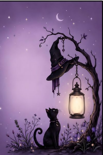 a black cat sitting under a lantern next to a tree with a witch hat on it Halloween Witch Cats Custom Halloween, slate gray