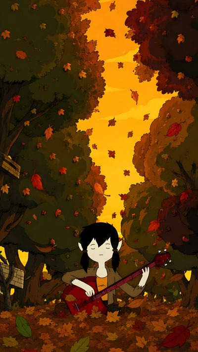 a woman sitting on the ground playing a guitar in front of trees with leaves all around her Halloween Adventure Time Adventure Time, maroon