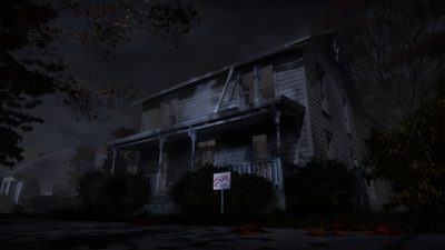 a creepy house with a ghost sign in front of it at night on a dark street Halloween The Game John Carpenter, Back In Time, Need To Know, Interview, Halloween, black