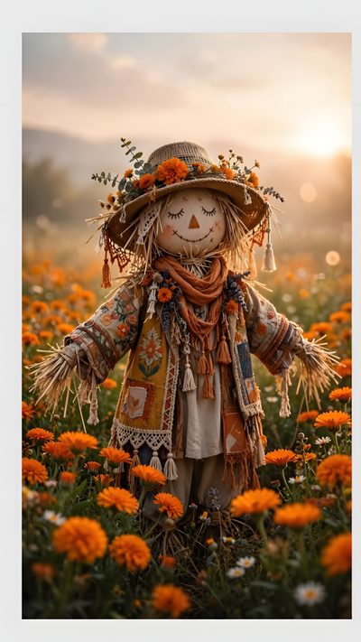 a scarecrow doll standing in a field of orange flowers with the sun behind it Halloween Scarecrow Fall Scarecrow Ideas, Autumn Scenery, Aesthetic Images, Scarecrow, Fall Decor, peru