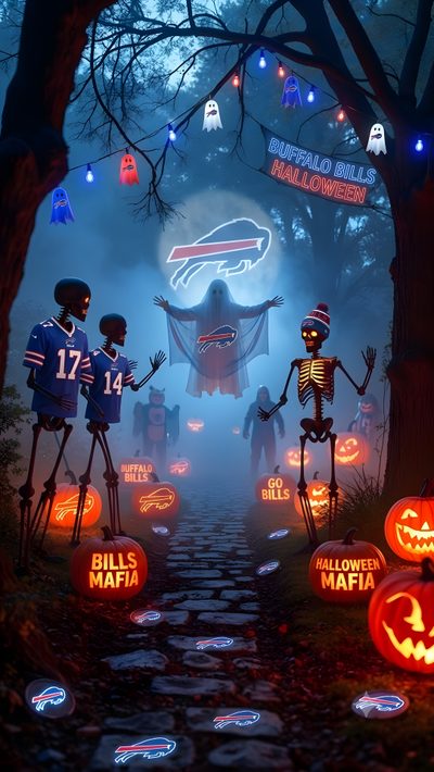 a group of skeletons with pumpkins in front of an entrance to a football stadium Buffalo Bills Halloween Halloween, dark slate gray