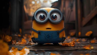 a small yellow and black toy with big eyes on it's face in the middle of leaves Minion Halloween Desktop High Resolution Minions Hd, Aesthetic Minion Laptop, Cute Cute Minions For Laptop, dark slate gray