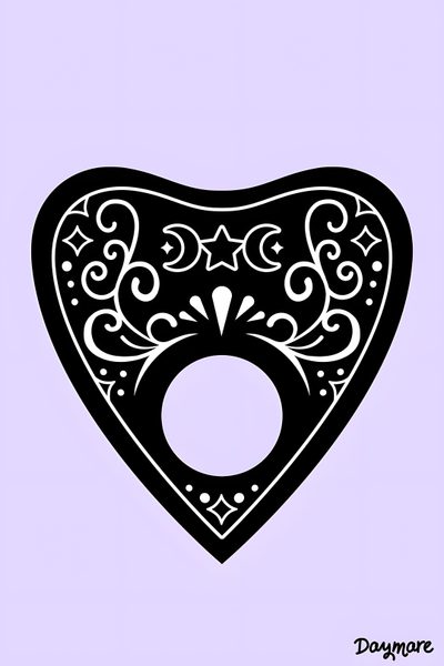 a black and white drawing of a heart with swirly designs on it's side Halloween Planchette Ouija Planchette Clipart, Planchette Art, Planchette Stencil, lavender