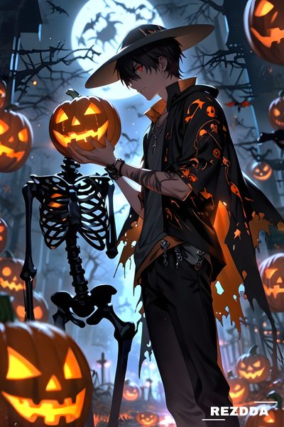 a man in a hat holding a pumpkin Halloween Boy Halloween Anime Fanart, Halloween Profile Pics Anime, Anime Halloween Aesthetic, dark slate gray