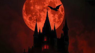a large red moon is in the sky behind a castle with bats flying over it Halloween Vampire Gothic Pc, Vampire Ipad, Horror Pc, Laptop Desktop Dark, Vampire Laptop, black