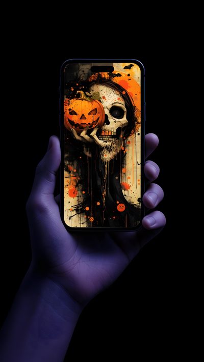 a person holding an iphone with a skull on it Modern Smartphone With Halloween Apple Iphone Halloween, Halloween Dynamic, Halloween Depth Effect, black