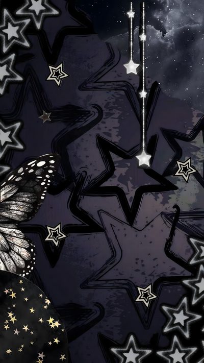 a butterfly flying through the night sky with stars Halloween Star Purple Star Y2k, Dark Decora, Dark Them, Y2k Aesthetic Stars, Dark Bg, black