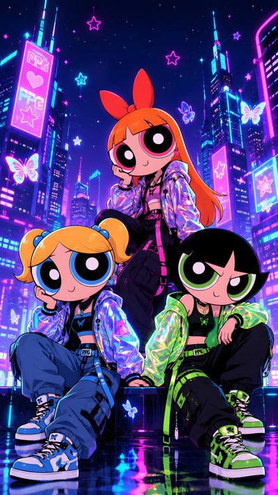 Epic AI-generated Powerpuff Girls wallpaper featuring Blossom, Bubbles, and Buttercup in stylish neon streetwear against a glowing cyber city skyline. Vibrant, futuristic, and badass aesthetic. Perfect for Powerpuff Girls fans, cyberpunk, and cool phone wallpapers. High-quality 4K AI art. #PowerpuffGirls #PPG #NeonCyber #CyberpunkPPG #BlossomBubblesButtercup #AIWallpaper #AIArt #4KWallpaper #MobileWallpaper #PinterestAnime Streetwear Wallpaper, Blossom Bubbles And Buttercup, Powerpuff Girls Wallpaper, Pink Wallpaper Girly, Cool Wallpapers For Phones, Banda Desenhada, Cool Wallpapers Art, Disney Pictures, Girl Wallpaper Powerpuff Girls Halloween Streetwear, Blossom Bubbles And Buttercup, Powerpuff Girls, midnight blue