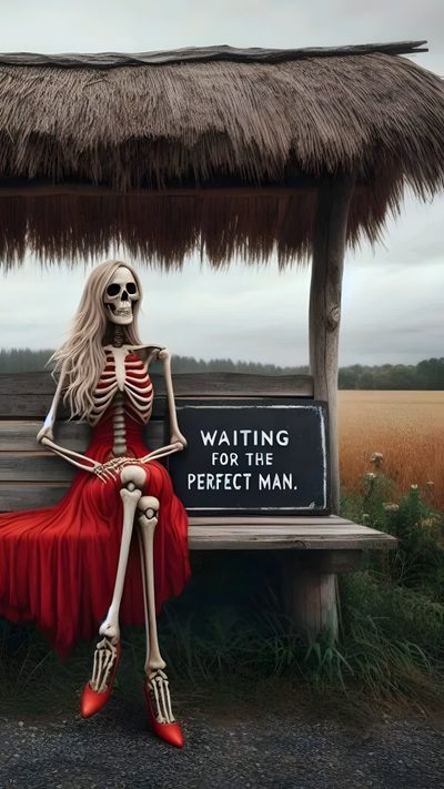 a skeleton sitting on a bench in front of a sign that says waiting for the perfect man Halloween Funny Funny Skeleton Humor, Waiting For The Perfect Man, Waiting For The Perfect Woman Meme, dark slate gray