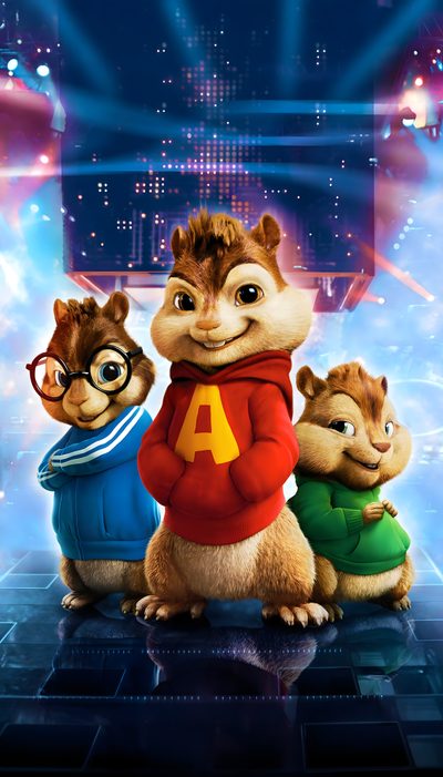 the chipmuns are standing in front of a stage with lights and bright beams Alvin And The Chipmunks Halloween Alvin And The Chipmunks Poster, Alvin And The Chipmunks The Squeakquel Poster, Tim Allen, dark slate gray