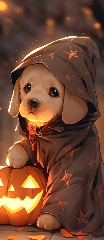 a dog dressed up as a puppy with a pumpkin Cute Halloween Puppy Halloween Dog, Corgi Halloween, dark olive green