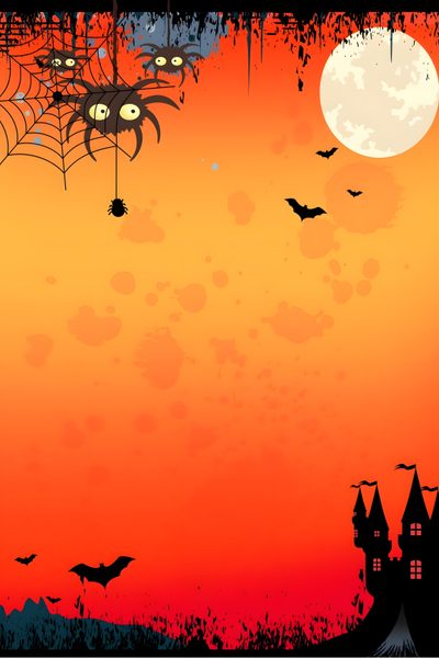 an orange halloween background with bats and spider webs in the air, on top of a castle Halloween Party Ideas Halloween Wallpapaer, Background Halloween Aesthetic, Halloween Theme Background, tomato