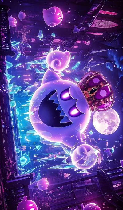 an animated character floating in the air with jellys all around him and his head glowing Nintendo Halloween King Boo Mario World, Boo Mario Bros, Halloween Mario, Gaming Purple, dark slate blue