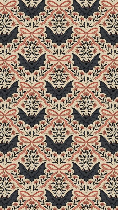 an ornate pattern with black, red and beige colors Vintage Bats For Halloween Fabric And Popular Patterns And Prints, Halloween Background Aesthetic, Print Repeat, rosy brown