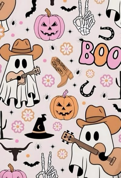 an image of halloween themed wallpaper with pumpkins, skulls and ghostes on it Cute Halloween For Car Seat Color, Boo Haw, Halloween, Spooky Cute Colorful Seamless Pattern, gainsboro