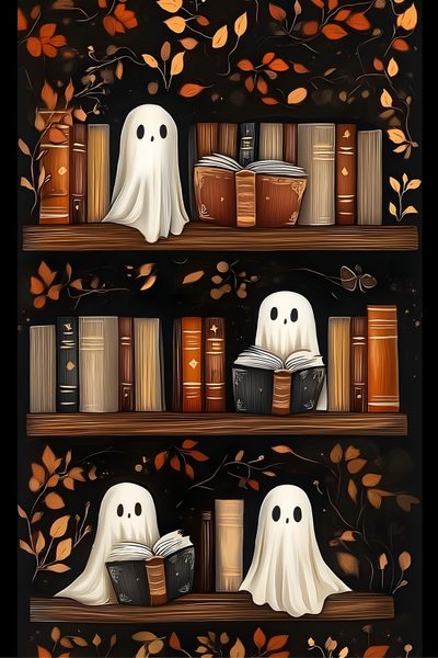 two bookshelves filled with books covered in ghost faces Halloween 2025 Iphone Image Halloween, Halloween Iphone Backgrounds, Halloween Backgrounds, Diy Gem, black