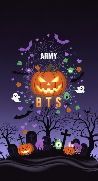 an animated halloween scene with pumpkins and bats Bts Halloween Bt21 Fall, Bts Group Photos Cute, Bt21 Pumpkin Painting, K Pop Halloween, black
