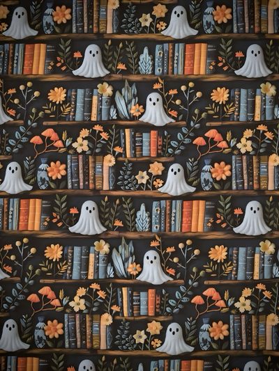 halloween bookshelves with ghost and flowers on them are featured in this wallpaper Halloween For Home Office Halloween Library, Spooky Bookshelf, Halloween Book, Spooky Book, dark slate gray