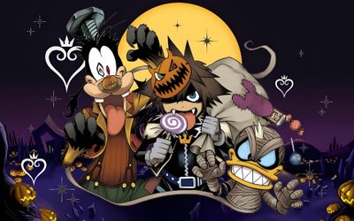 some cartoon characters are standing together in front of a full moon and pumpkin background with hearts Kingdom Hearts Halloween Goofy Kingdom Hearts, Kingdom Hearts, Image Dbz, Kingdom Hearts Fanart, black