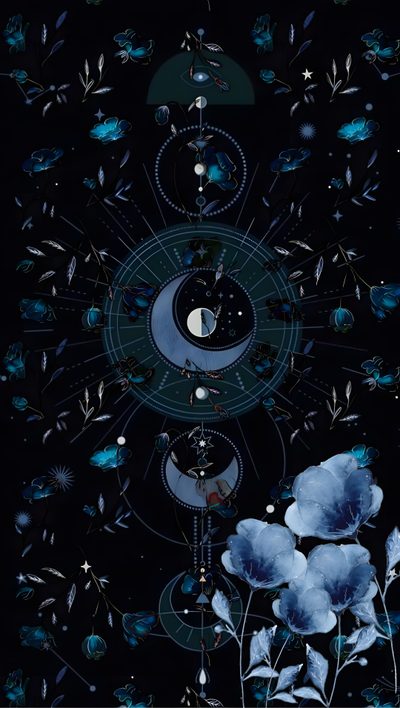 blue flowers are in front of a black background with an image of the moon and stars Hand Drawn Halloween Constellation Navy Astronomy Themed Design, Blue Astrology, Dark Blue Moon Pattern, black