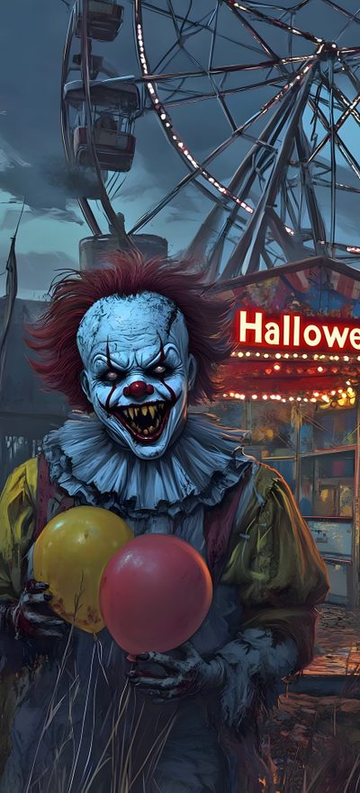 a creepy clown holding balloons in front of a carnival Wrecking Ball Halloween 4k Halloween Carnival, Cartoon Horror, Halloween Horror, dark slate gray