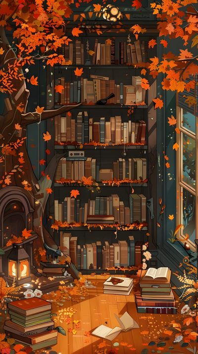 an image of a room with books on the shelves and leaves falling from the trees Halloween Bookshelf Iphone Autumn Library Decor, Cozy Autumn Library Scene, Cozy Reading Nook Fall, saddle brown