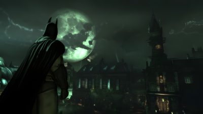 the dark knight stands in front of an old city at night with a full moon behind him Arkham Halloween Arkham Asylum Pictures, Batman Arkham Asylum Moon, Batman Arkham Asylum Stairs, black