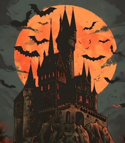 an image of a castle with bats flying over it Dracula Halloween Draculas Castle Illustration, Castle Vampire, Retro Horror Aesthetic, dark slate gray