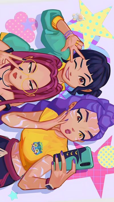 three people laying on top of each other in the middle of a cartoon style photo Kpdh Halloween Demon Hunter Band, Custom Cross, Jem And The Holograms, Christmas Decorations For The Home, tan