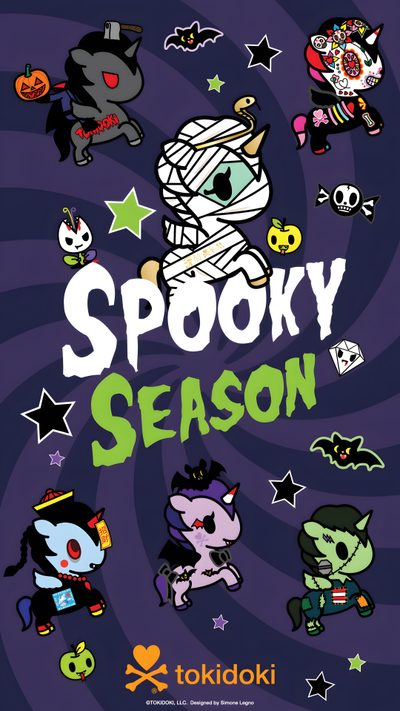 the spooky season poster is shown with various cartoon characters and stars on it Tokidoki Halloween Toki Doki Iphone, Tokidoki Sanrio, Tokidoki Iphone, Tokidoki, dark slate gray