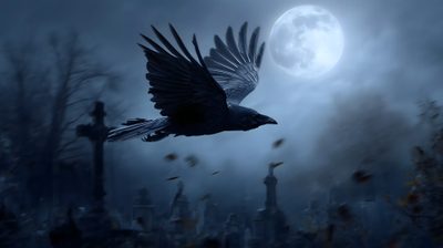 a bird flying in front of a full moon with graveyards and tombstones behind it Halloween Crow Dark Custom Fond D Ecran, Free Download, Clair De Lune, Image Hd, dark slate gray