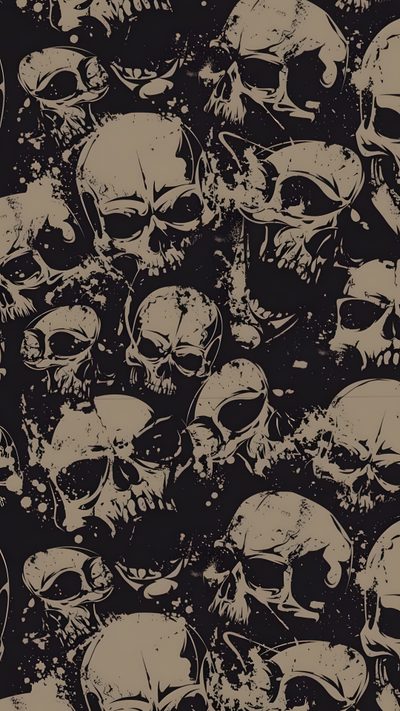 a bunch of skulls that are all over the place in front of a black background Halloween Thorny Skulls Warm Gray Skull Themed Background, Skull Background Aesthetic, Vintage Skull,