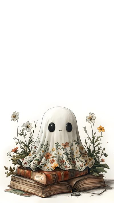 an illustration of a ghost reading a book with flowers and plants on it's head Aesthetic Halloween Flower Cute Ghost Background, Halloween Cute Iphone Aesthetic, Ghost Background, snow