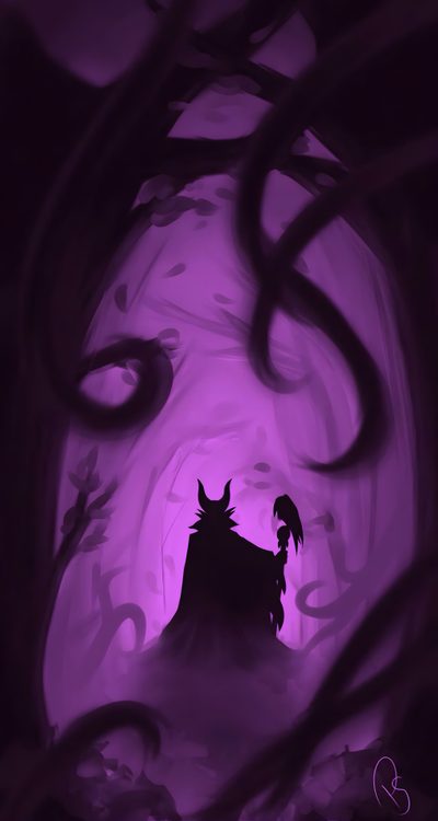 the silhouette of a demon standing in front of a purple background with swirly branches Maleficent Halloween Villain, Maleficent Forest, Disney Villains, Maleficent Background, black