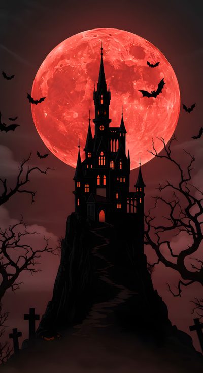 a castle with bats flying over it in front of a full moon Red Halloween Gothic Castle Silhouette Night, Blood Moon Drawing, Halloween Mansion, dark slate gray