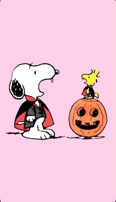 snoop and his pumpkin on pink background Pink Snoopy Halloween Cute Halloween Greeting Card Inspiration, Halloween Cartoon Characters, Halloween Party Decoration Ideas, misty rose