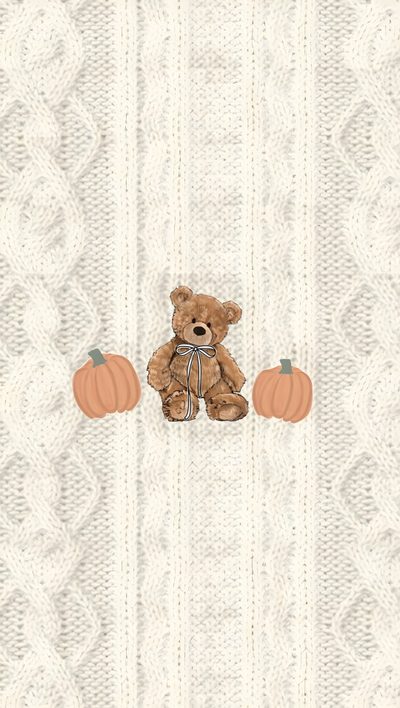 a brown teddy bear sitting on top of a white blanket next to two pumpkins Clean Girl Halloween Autumn Phone, Iphone Preppy, Halloween Iphone Backgrounds, Halloween Cute, gainsboro