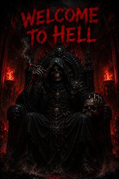 the poster for welcome to hell, featuring a skeleton sitting on a throne in front of a Grim Reaper Halloween Fantasy Demon, Grim Reaper Sitting On Throne, Dark Art Photography, black