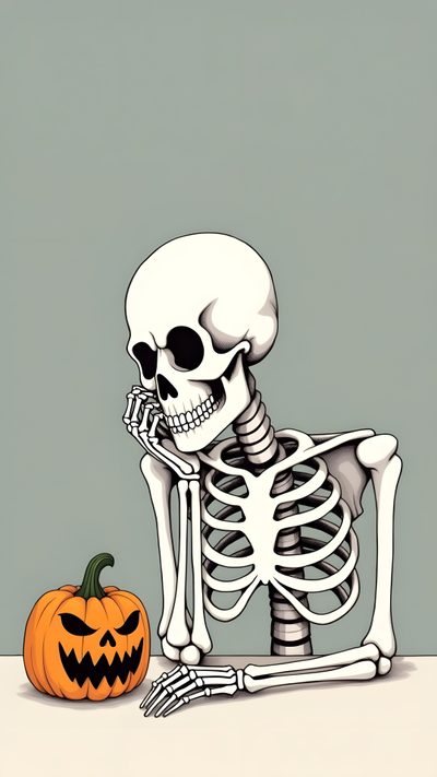 a skeleton sitting next to a pumpkin Cute Aesthetic Halloween Skeleton Vintage Halloween Art, Art For Kids Hub, Thanksgiving, dark gray