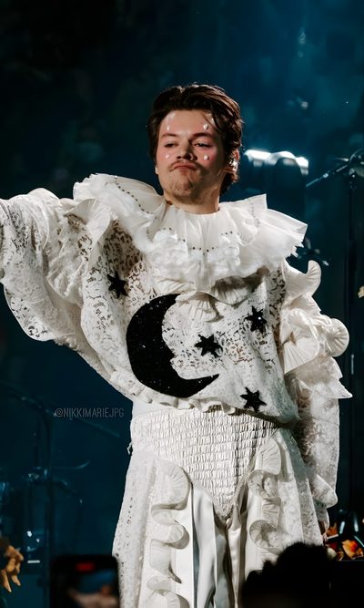 a man in a white dress standing on stage Harry Styles Halloween Harry Styles Clown, Harry Styles Pierrot, Harryween Shirt, dark slate gray