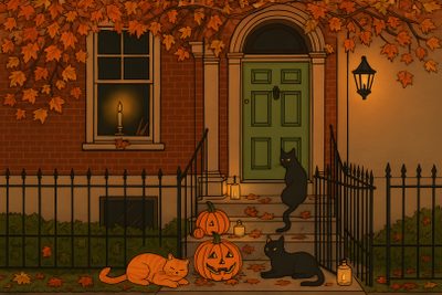two cats sitting on the front steps of a house decorated with pumpkins and jack - o'- lanterns Halloween Desktop Halloween Computer Aesthetic, Laptop Halloween Aesthetic, Halloween Aesthetic Computer, saddle brown