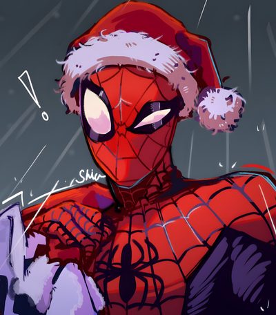 a spider man wearing a santa hat and holding a cell phone in his hand with snow falling around him Halloween Spider Man Ideen Fürs Zeichnen, Spiderman Drawing, Spiderman Comic, dark slate gray