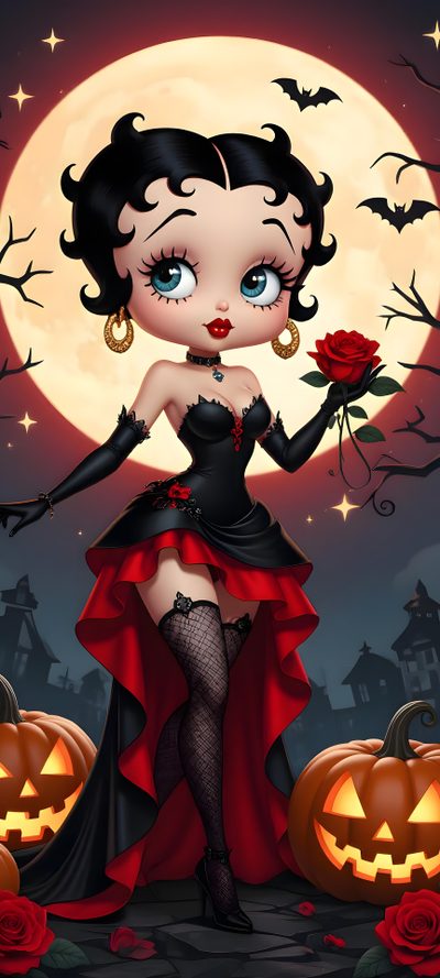 a cartoon girl dressed as a vampire holding a rose in front of a full moon Betty Boop Halloween Betty Boop Vampire, Betty Booo Halloween Costumes, Vintage Halloween Images, dark slate gray