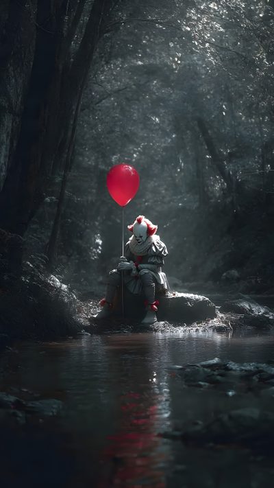 a person floating in the water with a red balloon Halloween Scary Pennywise Pennywise Horror, Pennywise Phone, Cool Pennywise Background, dark slate gray