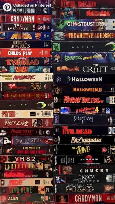 a large stack of movies stacked on top of each other in different colors and sizes Vhs Halloween Horror Vhs Art, Scary Movies From The 90s, Horror Movie Mood Board, dark slate gray
