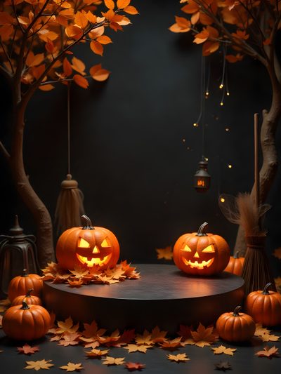 two carved pumpkins sitting on top of a table surrounded by fall leaves and candles Halloween Podium Halloween Photo Booth, Halloween Backdrop, Scenery Background, Digital Banner, black