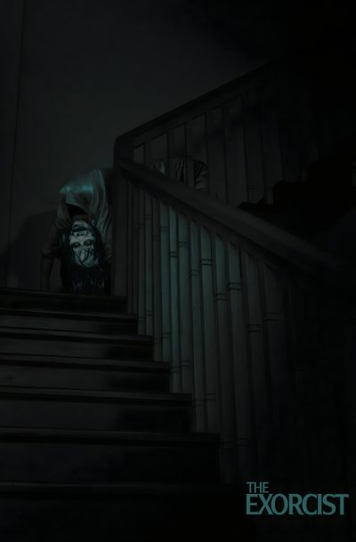 the exorcrist is coming down the stairs at night with its lights on Exorcist Halloween The Exorcist Poster, The Exorcist Horror, The Exorcist Movie, Exorcist, black