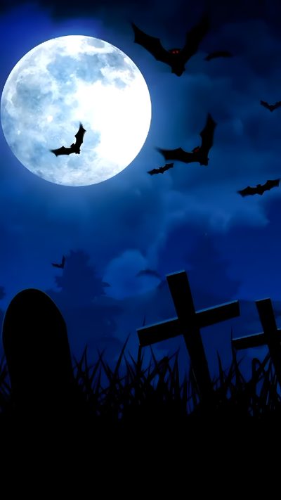 a cemetery with bats flying over it and the moon in the sky above them, Halloween Bats Moon Spooky Story Background Ideas, Halloween Story Background, Blue Halloween Background,